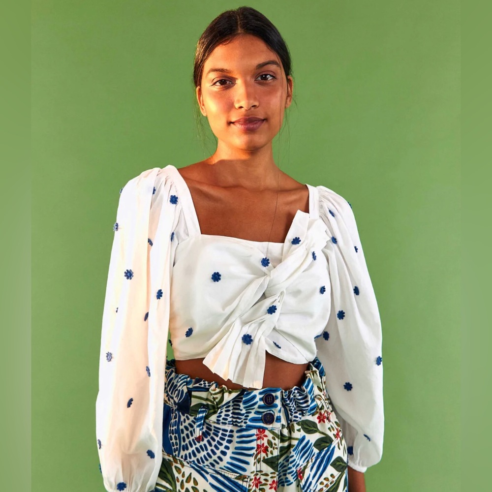NWT FARM Rio White Long Sleeve Crop Top with Blue Flowers - XL